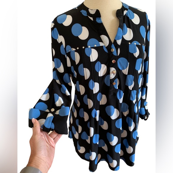 COCOMO Large Black blue white 3/4 sleeve studded women's Pintuck Blouse shirt - Picture 6 of 16
